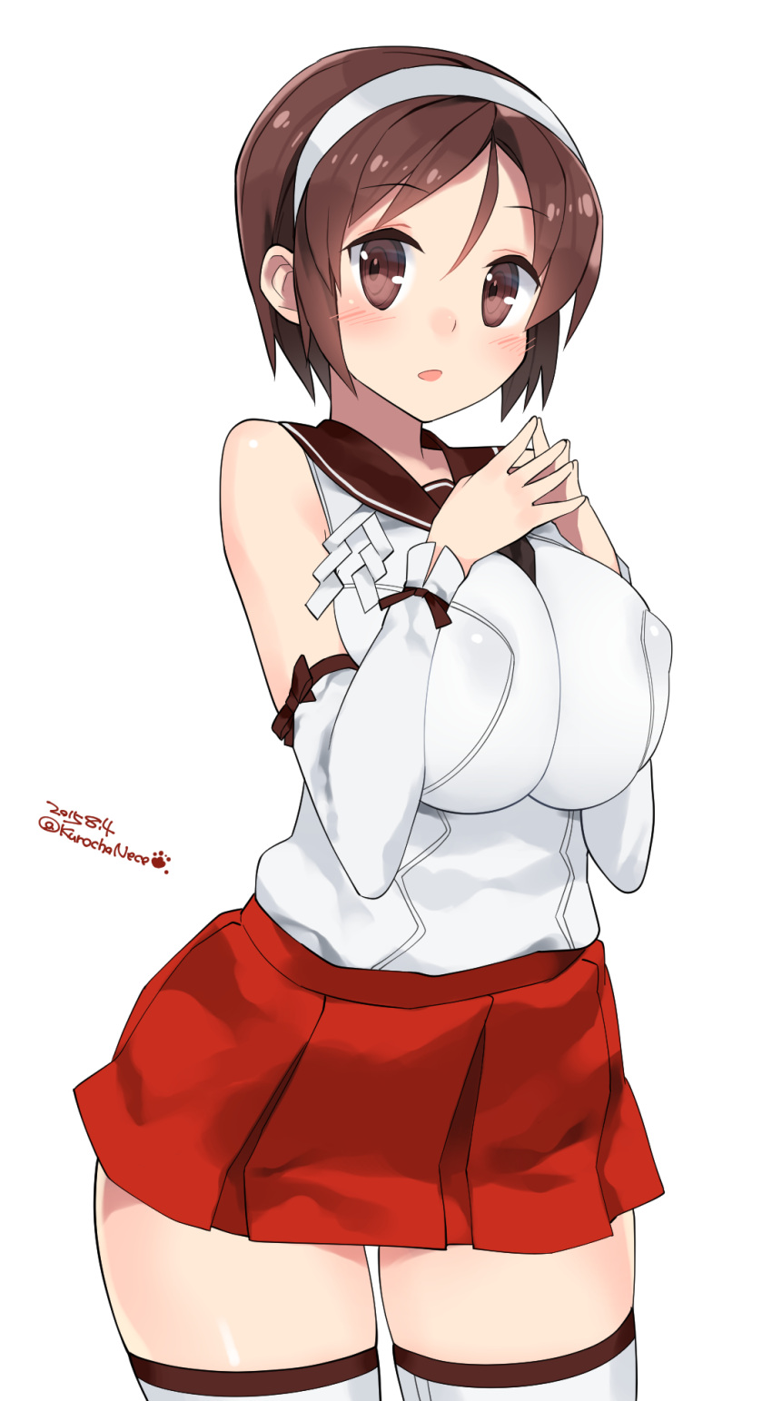 1girl 2015 :o bare_shoulders blush breasts brown_eyes brown_hair brown_ribbon covered_nipples cowboy_shot dated detached_sleeves fingers_together hair_between_eyes hairband highres impossible_clothes kantai_collection kuro_chairo_no_neko large_breasts long_sleeves natori_(kantai_collection) open_mouth paw_print pleated_skirt red_skirt ribbon school_uniform serafuku shide short_hair simple_background skindentation skirt sleeveless solo thigh-highs twitter_username white_background white_legwear zettai_ryouiki