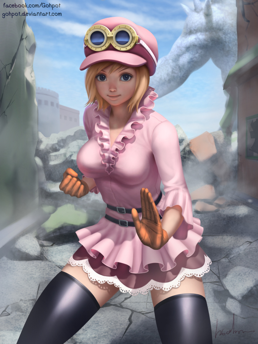 1girl bad_id black_legwear black_thighhighs blonde_hair blue_eyes breasts castle clenched_hand closed_mouth female fighting_stance frills gloves goggles goggles_on_hat gohpot hat highres koala_(one_piece) looking_at_viewer miniskirt one_piece pica pink_shirt ruins short_hair skirt solo thigh-highs thighhighs zettai_ryouiki