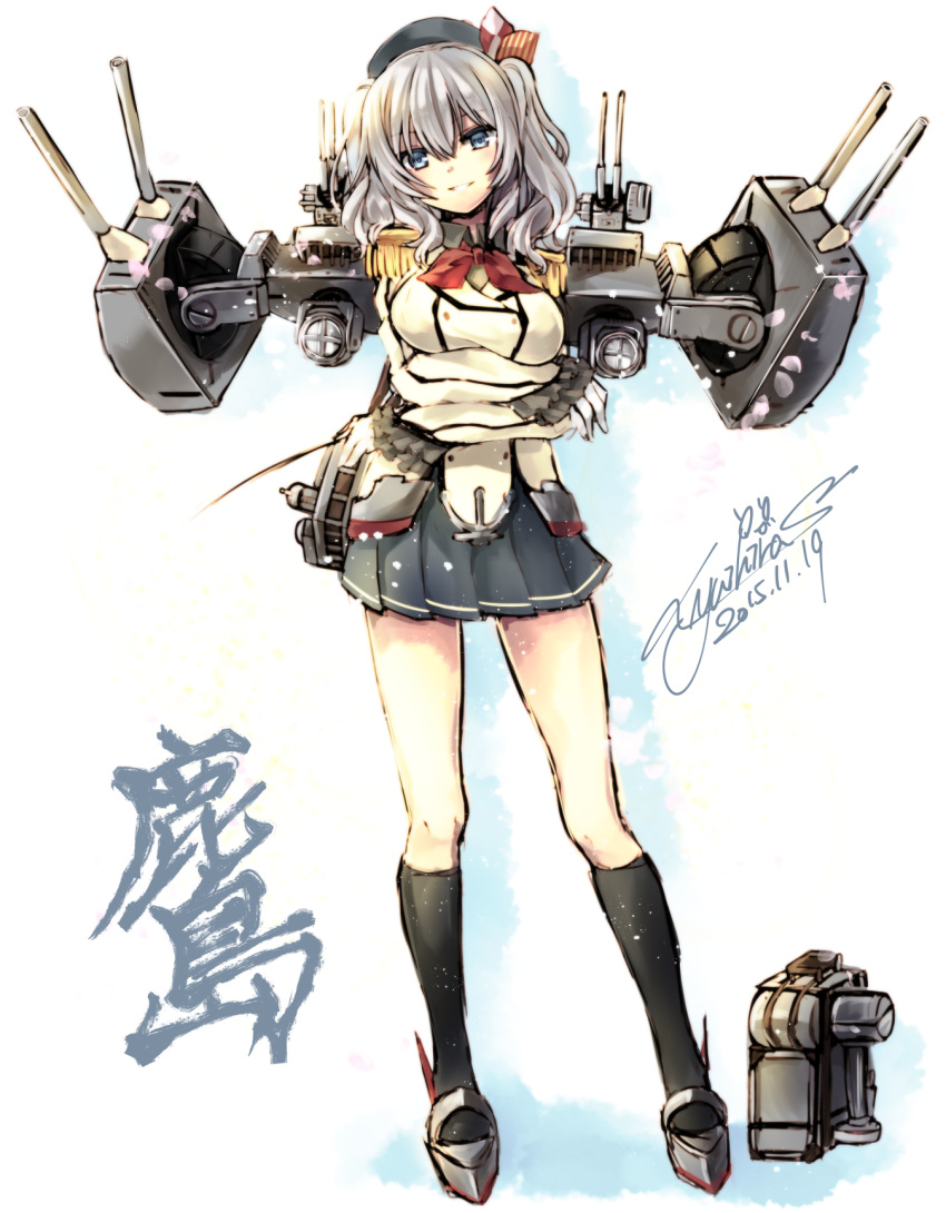 1girl beret black_legwear black_skirt breasts buttons collared_shirt crossed_arms double-breasted epaulettes full_body gloves grey_eyes grey_hair hat highres jacket kantai_collection kashima_(kantai_collection) kneehighs large_breasts machinery military military_uniform miniskirt necktie pleated_skirt shirt sidelocks skirt smile solo standing twintails uniform wavy_hair white_gloves yuihira_asu