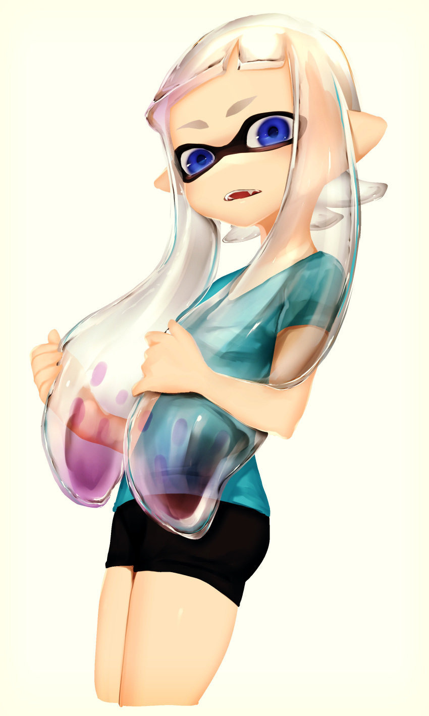 1girl absurdres bike_shorts domino_mask fangs highres inkling long_hair looking_at_viewer mask open_mouth pointy_ears puchiman simple_background splatoon tentacle_hair