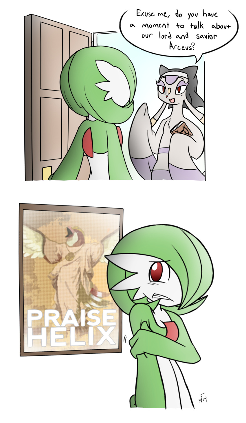 book clenched_teeth clothed_pokemon comic door english fossil gardevoir habit helix_fossil highres jewelry looking_back mienshao necklace no_humans open_mouth parted_lips pidgeot pokemon poster_(object) rakkuguy red_eyes robe twitch_plays_pokemon