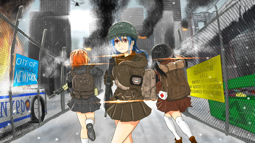 3girls absurdres armband assault_rifle backpack bag black_hair blue_hair building car fence fire first_aid_kit gun hair_tie headset helicopter highres kneehighs m4_carbine miniskirt motor_vehicle multiple_girls orange_hair original pouch rifle shiny short_hair sign skirt smoke twintails vehicle weapon youzi_rui