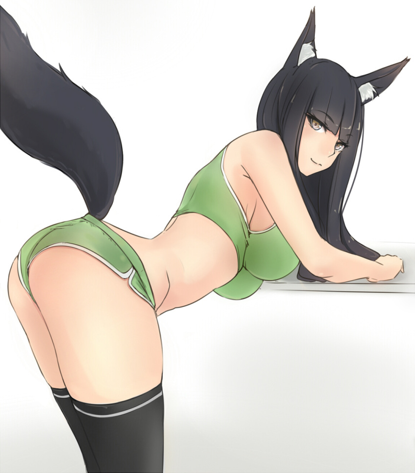1girl animal_ears ass bent_over black_hair breasts brown_eyes flat_ass fox_ears fox_tail highres kubo_(artist) large_breasts original short_shorts shorts solo tail thigh-highs