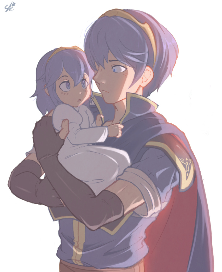 1boy 1girl baby blue_eyes blue_hair brown_gloves cape elbow_gloves eye_contact fingerless_gloves fire_emblem fire_emblem:_kakusei fire_emblem:_mystery_of_the_emblem gloves great_grandfather_and_great_granddaughter highres intelligent_systems looking_at_another lucina marth nintendo sally_(luna-arts) signature super_smash_bros. tiara time_paradox