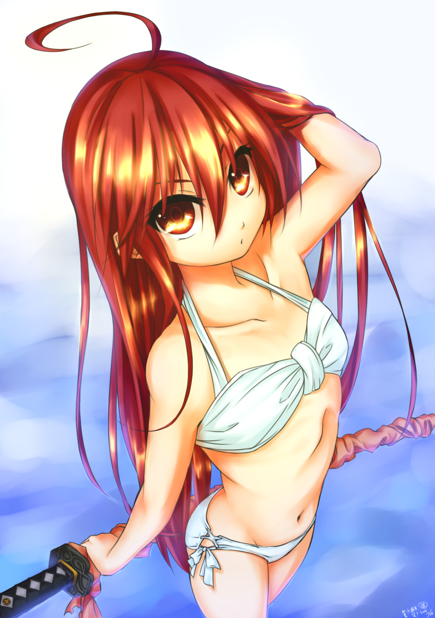 1girl absurdres bikini gundam00uc highres long_hair red_eyes redhead shakugan_no_shana shana standing swimsuit sword weapon