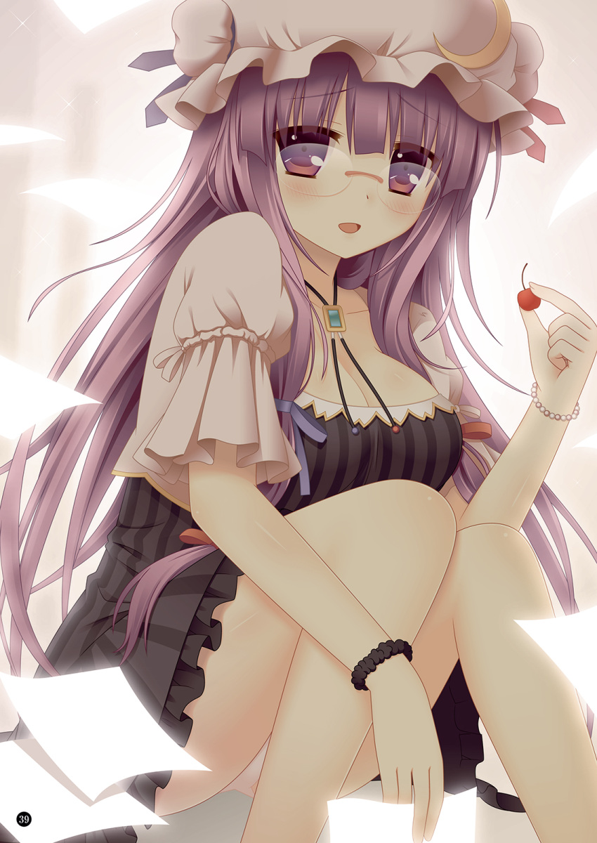 1girl bespectacled blush bolo_tie bracelet breasts brown_eyes cherry cleavage cpu_(hexivision) crescent food fruit glasses hat highres holding holding_fruit jewelry long_hair looking_at_viewer panties pantyshot pantyshot_(sitting) patchouli_knowledge purple_hair red_eyes sitting solo touhou underwear