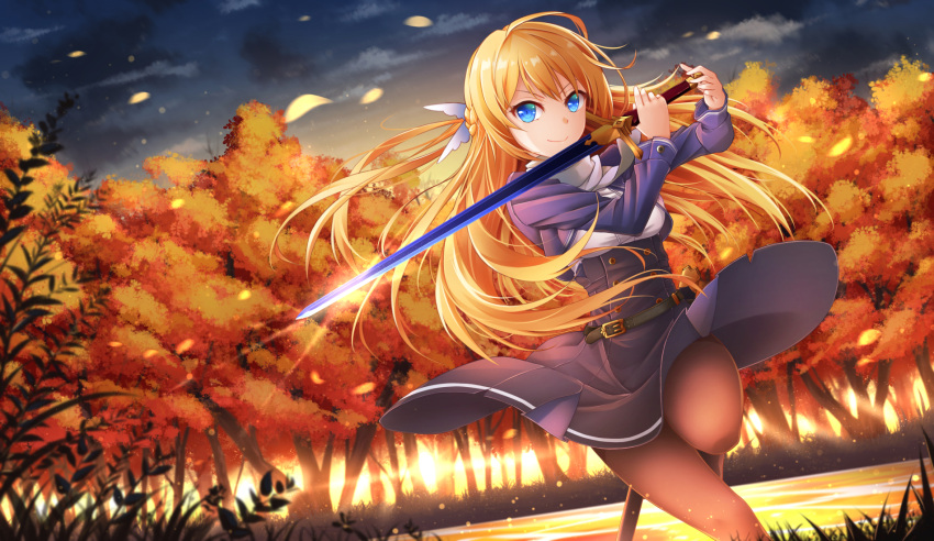1girl autumn autumn_leaves belt blonde_hair blue_eyes evening half_updo healther highres leaf lens_flare looking_at_viewer original pantyhose skirt smile solo sunset sword weapon wind_lift