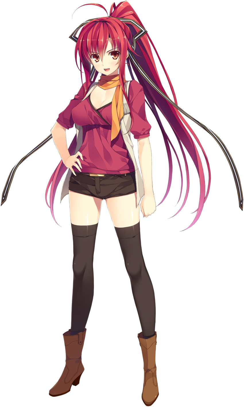 1girl absurdres black_legwear boots hand_on_hip highres juukishi_cutie_bullet long_hair looking_at_viewer minami_mayu open_mouth ponytail red_eyes redhead scarf shorts simple_background smile solo standing very_long_hair white_background yuuki_hagure