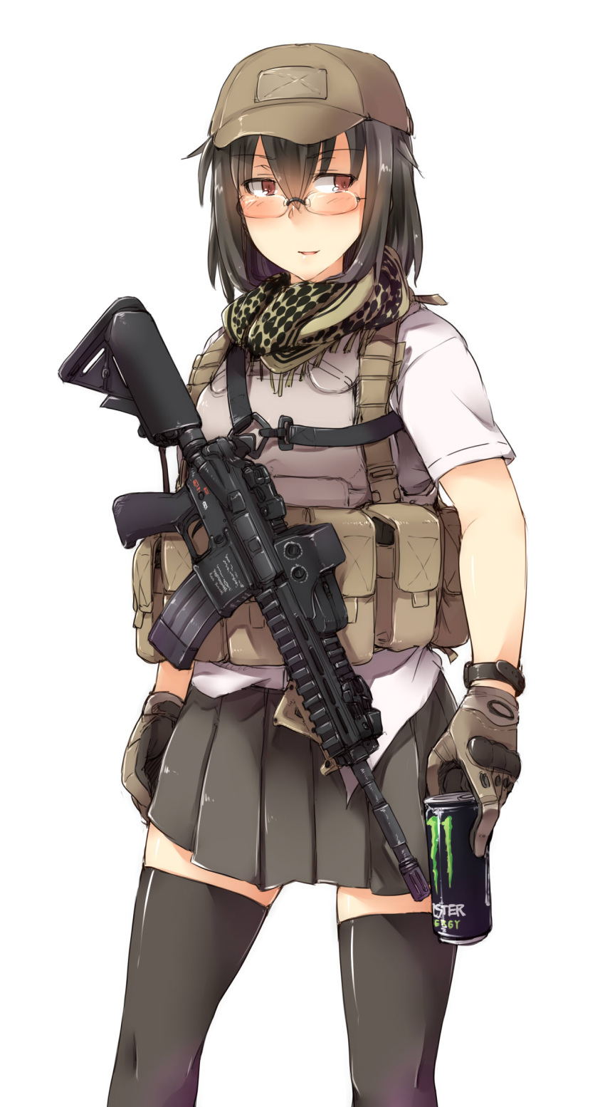 1girl angled_foregrip assault_rifle ayyh black_hair eotech glasses gloves gun hat heckler_&amp;_koch highres hk416 load_bearing_vest monster_energy original red_eyes rifle scarf simple_background solo thigh-highs watch watch weapon white_background zettai_ryouiki