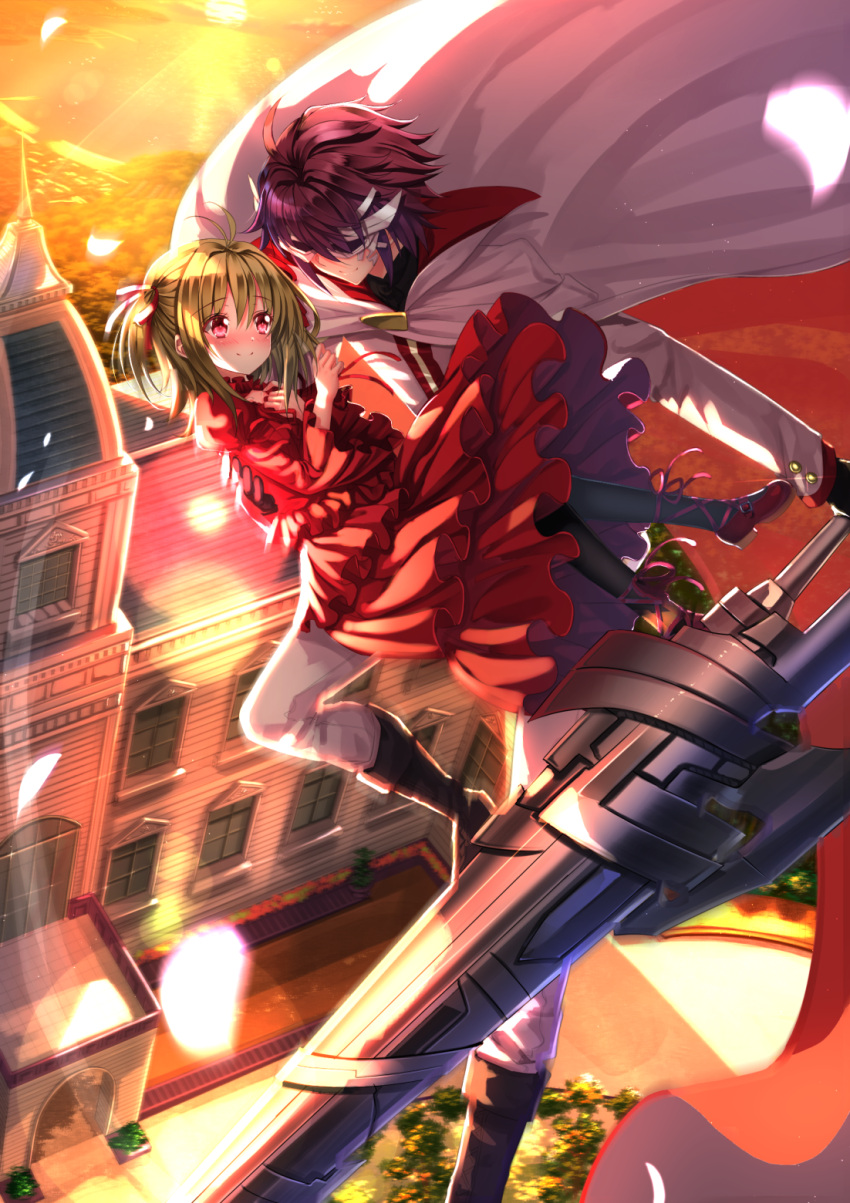 1boy 1girl blush building cape couple dress hanabusa_youtarou highres jumping kidouin_makio lance lance_n'_masques lens_flare light_brown_hair looking_at_another mask petals polearm purple_hair red_dress red_eyes short_hair smile sun sunset swordsouls two_side_up weapon