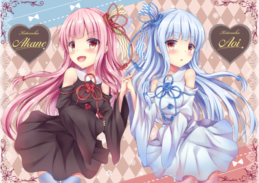 &gt;:d 2girls :d blue_hair character_name detached_sleeves dress fang holding_hands interlocked_fingers kotonoha_akane kotonoha_aoi multiple_girls open_mouth parted_lips pink_hair red_eyes smile tfx2 voiceroid