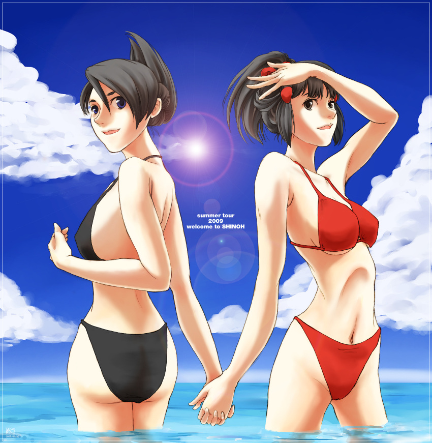 akosan beach bikini bikini_bottom black_bikini black_hair blue_eyes green_eyes highres hikari_(pokemon) holding_hands mai_(pokemon) nintendo ocean pokemon pokemon_(game) pokemon_dppt red_bikini scoop_bikini_bottom swimsuit wading water