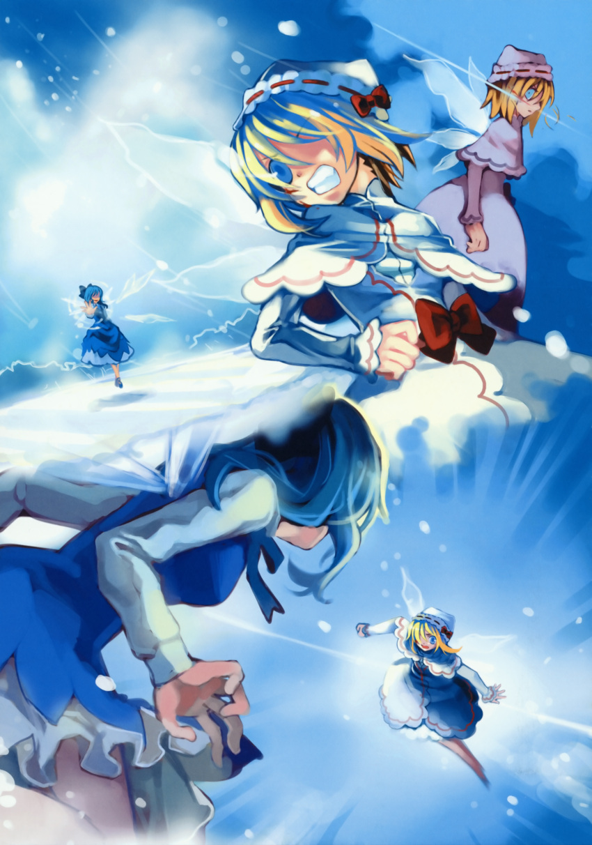 battle blonde_hair blue_eyes blue_hair bow cat.lqe catlqe cirno comic hair_bow hat highres huge_filesize lily_white scan short_hair silent_comic snow touhou wings