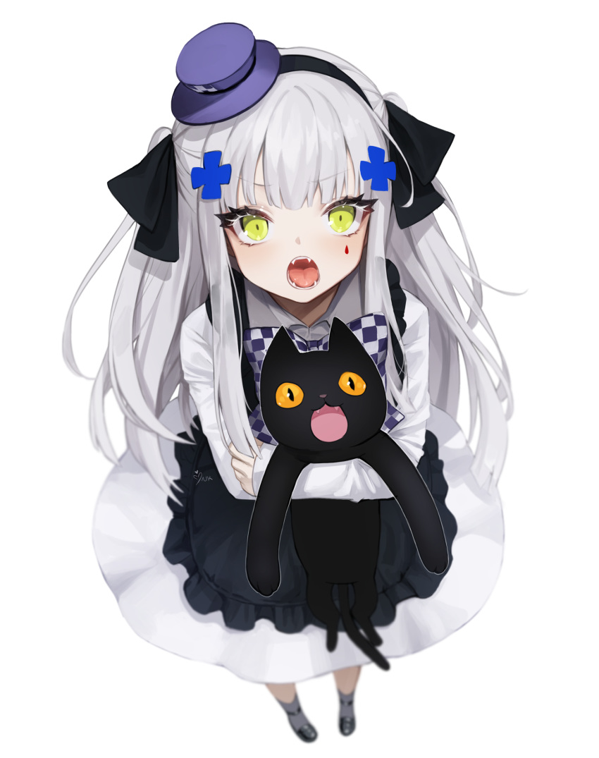 1girl alternate_costume animal ankkoyom bangs black_cat blush bow bowtie cat checkered checkered_neckwear commentary_request dress eyebrows_visible_through_hair facial_mark fangs frills from_above girls_frontline green_eyes hat highres hk416_(girls_frontline) holding holding_cat long_hair looking_at_viewer mini_hat mini_top_hat open_mouth silver_hair simple_background teardrop top_hat
