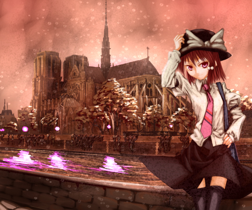 flying_buttress gothic_architecture hat notre_dame_de_paris ruka scenery snow solo thighhighs touhou usami_renko