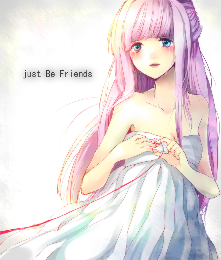 blue_eyes dress happy highres hime_cut jewelry just_be_friends_(vocaloid) lalaoa lipstick long_hair megurine_luka pink_hair red_string ring tears tubetop very_long_hair vocaloid
