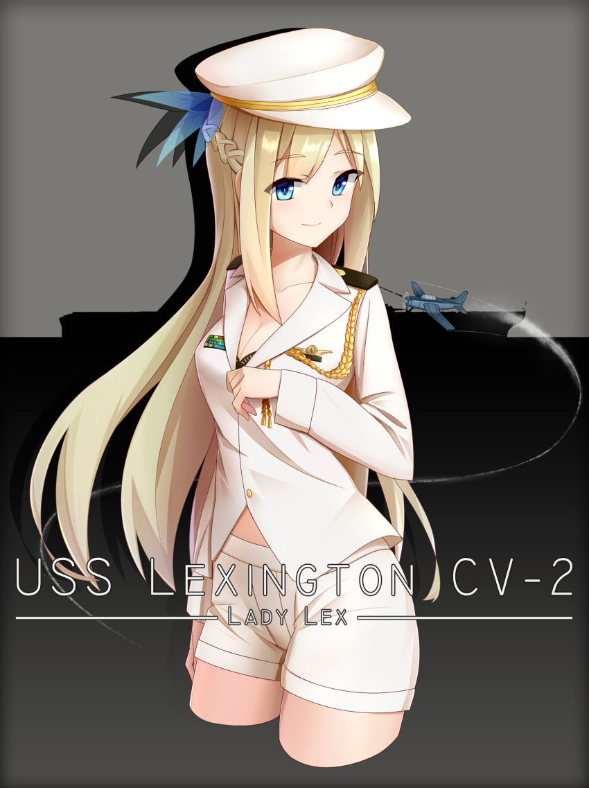 1girl absurdly_long_hair aircraft airplane arnold-s blonde_hair blue_eyes breasts character_name cleavage collarbone eyebrows_visible_through_hair hat highres large_breasts lexington_(zhan_jian_shao_nyu) long_hair looking_at_viewer shorts solo very_long_hair white_hat zhan_jian_shao_nyu