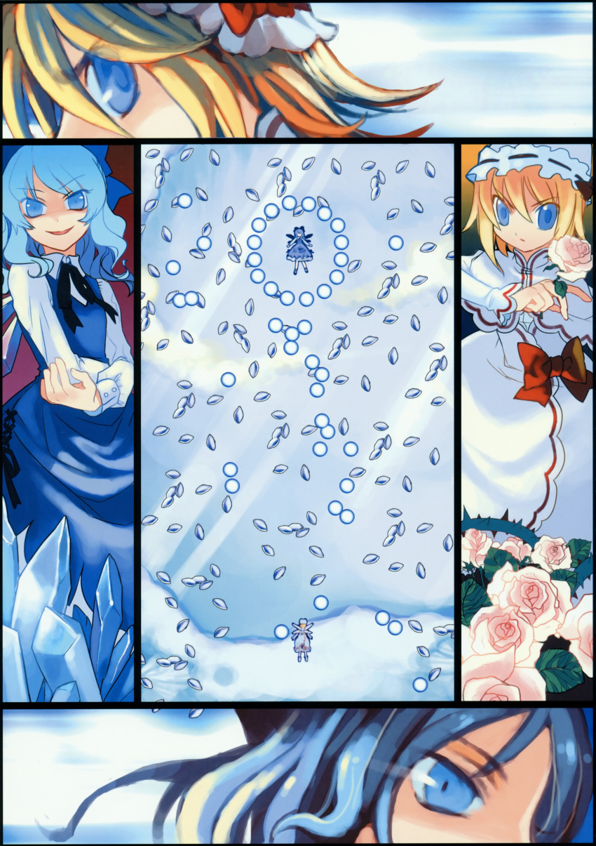 blonde_hair blue_eyes blue_hair bow cat.lqe catlqe cirno danmaku flower hair_bow hat highres huge_filesize ice lily_white rose scan short_hair snow touhou wings
