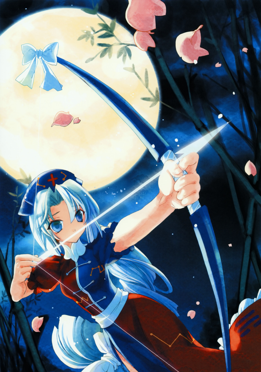 arrow bamboo bamboo_forest blue_eyes bow_(weapon) cat.lqe catlqe forest hat highres huge_filesize long_hair moon nature petals silver_hair solo touhou weapon yagokoro_eirin