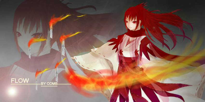1girl absurdres alternate_costume alternate_hairstyle artist_name burning colored_eyelashes comb_(suz) eyelashes flame flower hair_blowing highres japanese_clothes kimono layered_clothing lens_flare long_hair long_sleeves magic mahou_shoujo_madoka_magica miko obi ofuda outstretched_arm red_eyes red_scarf redhead sakura_kyouko sash scarf sleeves_past_wrists solo spider_lily tassel zoom_layer