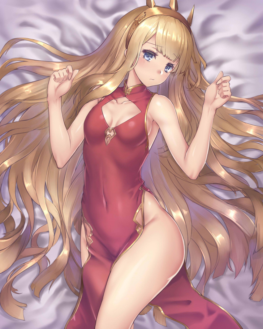 1girl absurdres armpits bare_shoulders blonde_hair blush breasts cagliostro_(granblue_fantasy) china_dress chinese_clothes cleavage_cutout collarbone covered_navel crown eyelashes granblue_fantasy highres long_hair looking_at_viewer lying oukawa_yuu side_slit very_long_hair violet_eyes