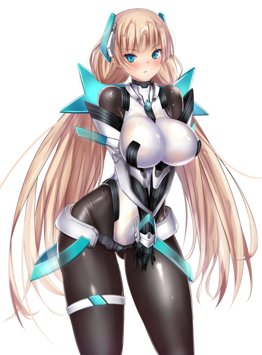 1girl angela_balzac blonde_hair blue_eyes blush breasts elbow_gloves gloves highres large_breasts long_hair looking_at_viewer low_twintails pantyhose rakuen_tsuihou simple_background solo twintails untsue white_background