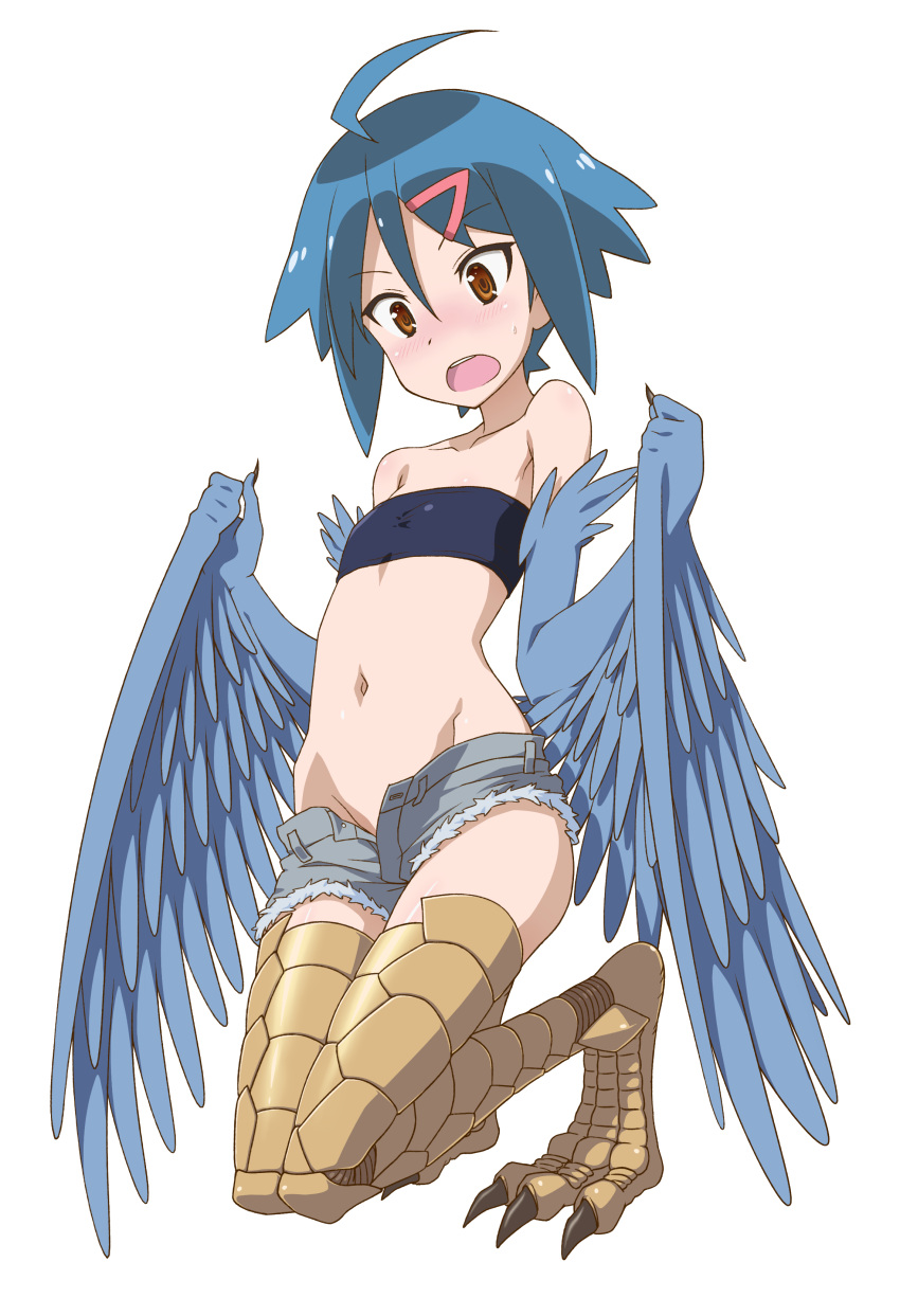 1girl absurdres ahoge blue_hair blue_wings cosplay denim denim_shorts feathered_wings groin harpy highres midiman midriff monster_girl monster_musume_no_iru_nichijou open_mouth papi_(monster_musume) scales shorts strapless tubetop unbuttoned wings