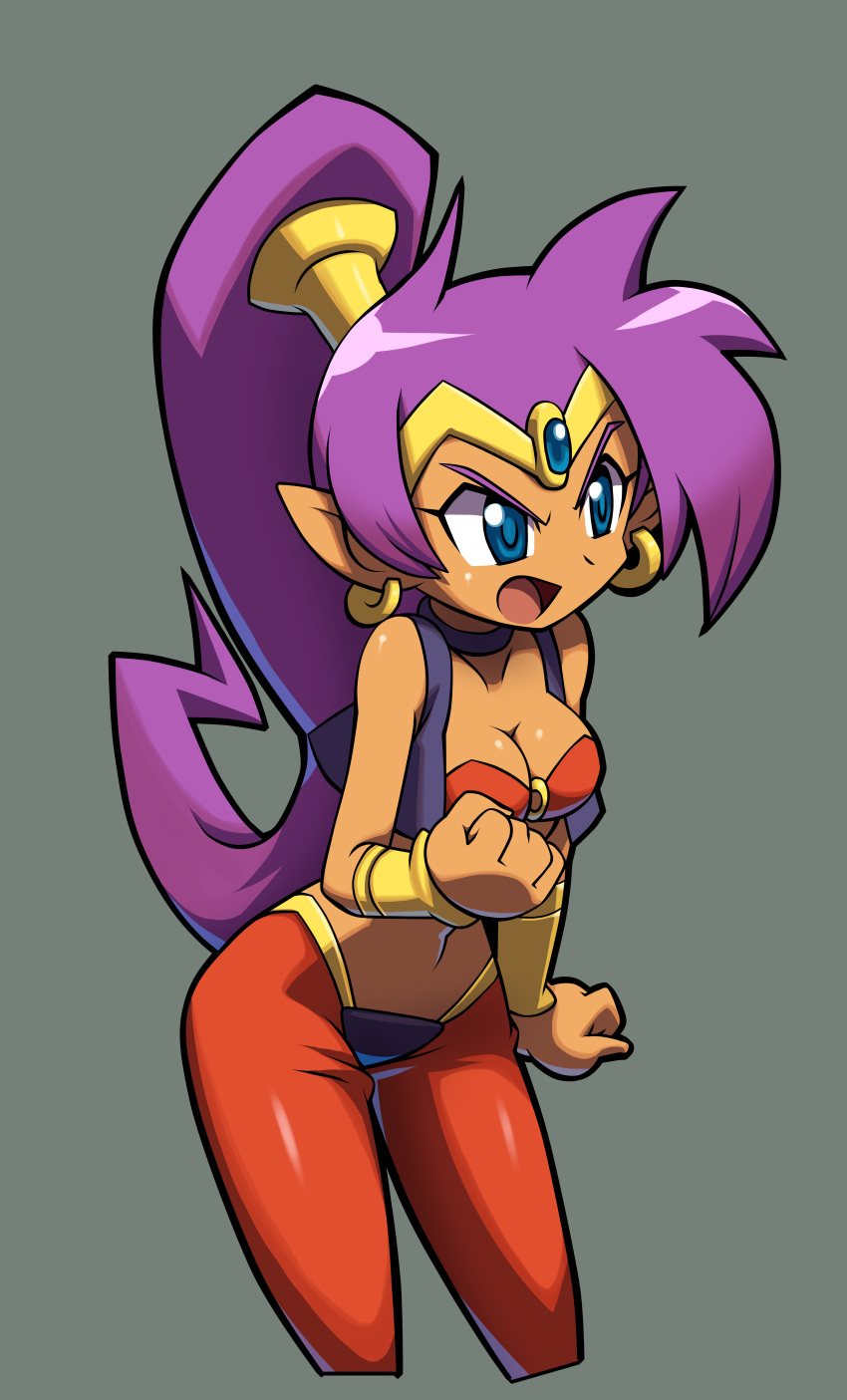 1girl absurdres angry bandeau blue_eyes bracer breasts choker cleavage clenched_hands cowboy_shot cropped_legs dark_skin earrings forehead_jewel grey_background highres hoop_earrings jewelry long_hair makoto_yabe official_art open_mouth pointy_ears ponytail purple_hair shantae shantae_(character) shantae_and_the_pirate's_curse simple_background solo tiara very_long_hair vest