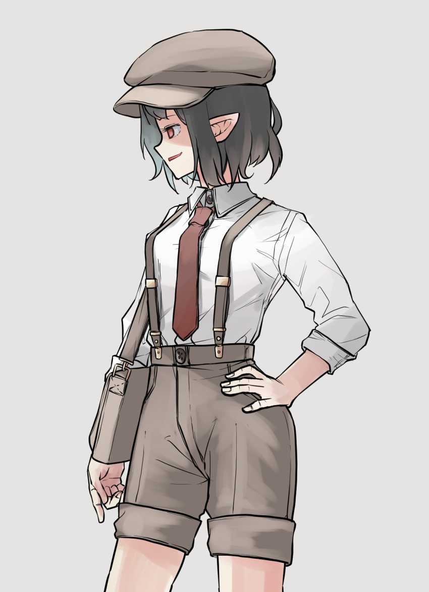 1girl bag black_hair brown_bag brown_headwear brown_shorts cabbie_hat collared_shirt commentary_request cowboy_shot flat_cap grey_background hand_on_own_hip hat highres long_sleeves necktie parted_lips peroponesosu. pointy_ears red_eyes red_necktie shirt short_hair shorts shoulder_bag simple_background solo suspenders touhou white_shirt
