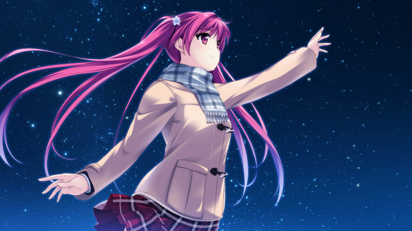 1girl character_request copyright_request game_cg highres jacket long_hair pink_hair pulltop red_eyes scarf school_uniform skirt smile solo star twintails wind_lift yashima_takahiro