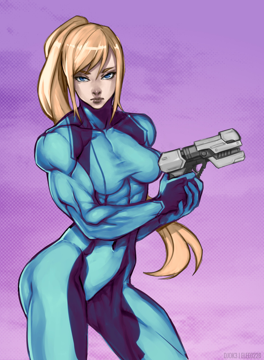 1girl absurdres bangs blonde_hair blue_eyes breasts collaboration colored covered_navel cowboy_shot djok3 elee0228 gun handgun highres lips long_hair looking_at_viewer metroid muscle pistol samus_aran skin_tight solo swept_bangs taut_clothes thick_thighs thighs weapon zero_suit