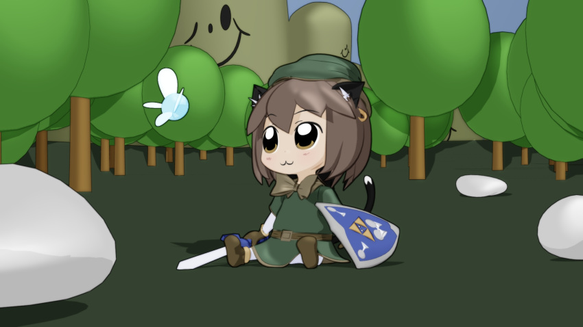 1girl 3d animal_ears bkub_(style) boots brown_hair cat_ears chen chibi commentary cosplay earrings gloves gs-mantis hat highres jewelry link link_(cosplay) looking_up master_sword navi outdoors rock shield short_hair sitting sword tail the_legend_of_zelda the_legend_of_zelda:_ocarina_of_time touhou tree weapon