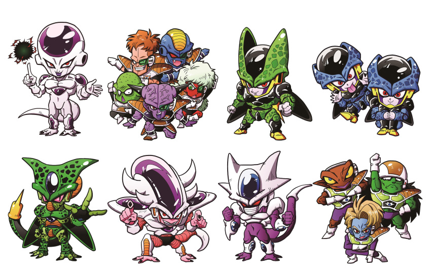 6+boys :p arm_up armor bald blue_skin body_armor boots burter captain_ginyu cell_(dragon_ball) cell_junior chibi clenched_hands cooler's_armored_squadron cooler_(dragon_ball) doore dorei dragon_ball dragon_ball_z energy_ball evil_grin evil_smile fang frieza ginyu_force_pose gloves green_skin grin guldo highres horns index_finger_raised iron_tonic jeice looking_at_viewer male_focus miniboy multiple_boys muscle neiz perfect_cell pink_sclera pose purple_skin raised_fist recoome red_eyes red_skin salza scouter simple_background slit_pupils smile spikes tail teeth tongue tongue_out triangle_mouth veins white_background white_hair yellow_sclera
