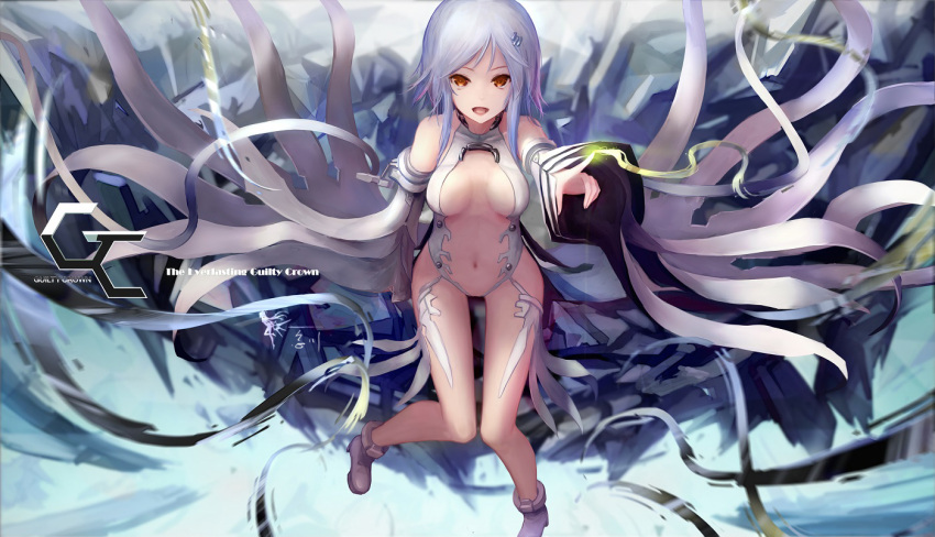 1girl alternate_hair_color breasts detached_sleeves guilty_crown hair_ornament long_hair looking_at_viewer open_mouth red_eyes silver_hair solo wangchuan_de_quanyan yuzuriha_inori