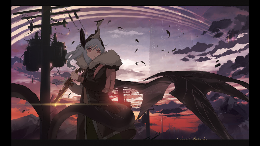 backpack bag blue_hair cable clouds condensation_trail dragon dragon_girl highres instrument mountain original red_eyes scenery twilight whitebear
