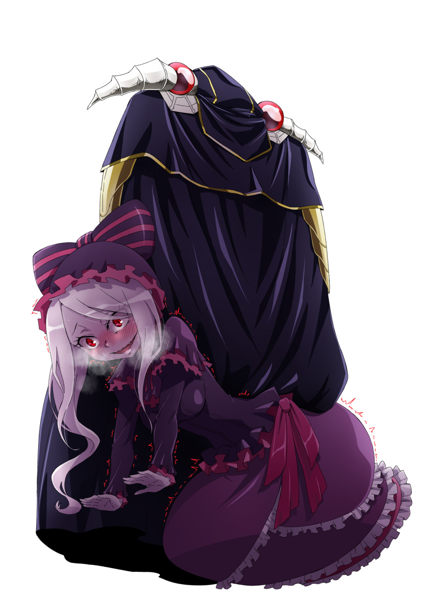 1boy 1girl ainz_ooal_gown all_fours blush breath dress excited frilled_dress frills highres masochism overlord_(maruyama) red_eyes ribbon robe shalltear_bloodfallen silver_hair sitting sitting_on_person skeleton spoilers undead vampire