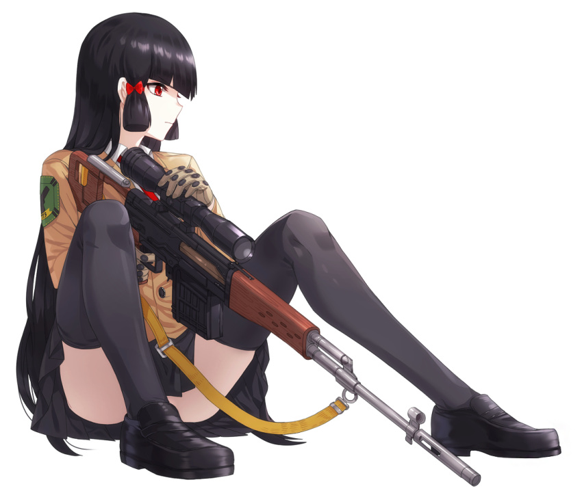 1girl black_hair black_legwear convenient_leg dragunov_svd finger_on_trigger full_body gloves gun hair_ribbon kfr long_hair military original pale_skin profile red_eyes ribbon rifle school_uniform scope shoes shoulder_patches simple_background sitting skirt sniper_rifle solo strap thigh-highs tress_ribbon very_long_hair weapon white_background