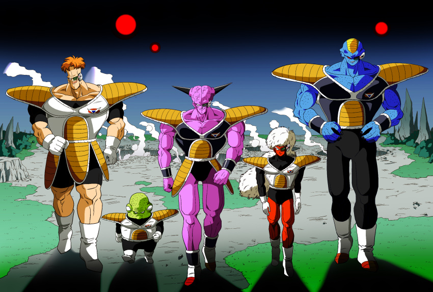 &gt;:) 5boys armor blue_skin body_armor boots brown_hair burter captain_ginyu clenched_hands collarbone crater dragon_ball dragon_ball_z evil_smile ginyu_force gloves grass green_eyes green_skin guldo hands_on_hips highres jeice long_hair multiple_boys muscle open_mouth purple_skin recoome red_eyes red_skin scouter shinomiya_akino smile spikes steam veins walking white_hair