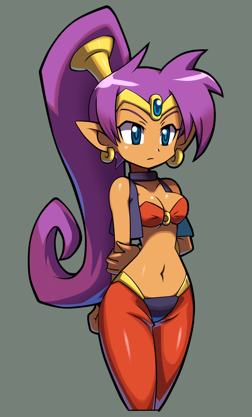 1girl absurdres bandeau blue_eyes bracer breasts choker cleavage cowboy_shot cropped_legs dark_skin earrings forehead_jewel grey_background highres holding_arm hoop_earrings jewelry long_hair makoto_yabe navel official_art pointy_ears ponytail purple_hair shantae shantae_(character) shantae_and_the_pirate's_curse simple_background solo tiara very_long_hair vest