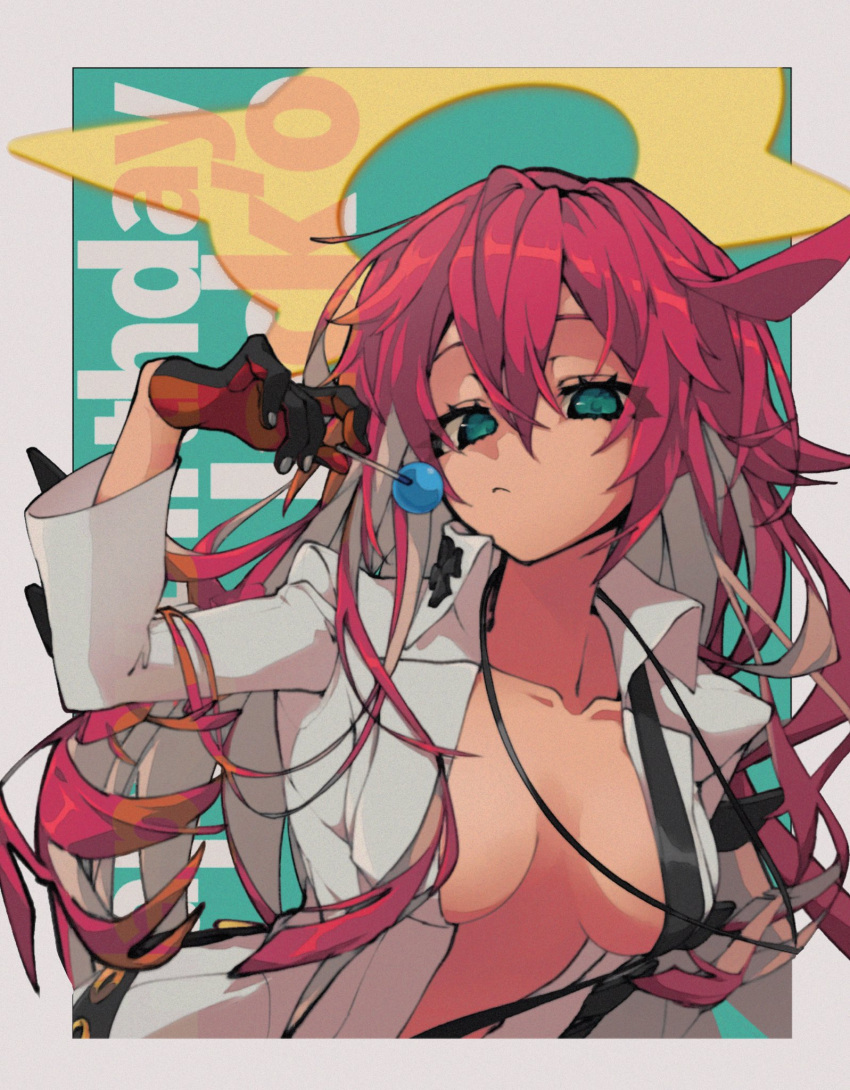 1girl black_gloves blunt_ends bodysuit breasts broken_halo collared_shirt colored_inner_hair compass_rose_halo front_slit gloves green_eyes guilty_gear guilty_gear_strive hair_between_eyes halo highres jack-o'_valentine jewelry long_hair long_sleeves mature_female medium_breasts messy_hair multicolored_hair pendant plunging_neckline red_gloves redhead shirt shoulder_belt tub7eegxp34en1g two-tone_gloves two-tone_hair very_long_hair white_bodysuit white_hair white_shirt