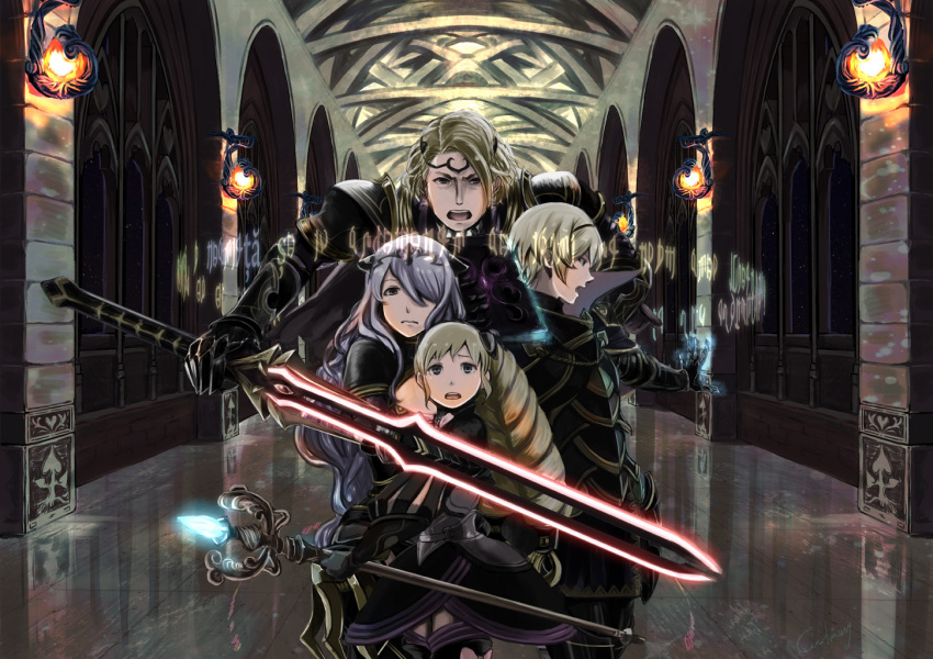 2boys 2girls armor blonde_hair book bow camilla_(fire_emblem_if) carlmary dress elise_(fire_emblem_if) fire_emblem fire_emblem_if gloves hair_bow hair_over_one_eye hairband leon_(fire_emblem_if) long_hair marx_(fire_emblem_if) multiple_boys multiple_girls purple_hair runes siblings staff sword twintails weapon