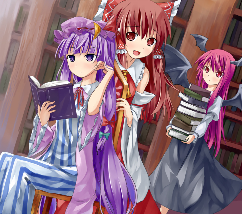 3girls :/ :d alternate_hair_length alternate_hairstyle armband ascot bangs bat_wings blunt_bangs blush book book_stack bookshelf bow brown_eyes brown_hair capelet chair collared_shirt crescent detached_sleeves dress dress_shirt dutch_angle hair_bow hair_tubes hakurei_reimu hat head_wings holding holding_book japanese_clothes juliet_sleeves koakuma large_bow library long_hair long_sleeves looking_at_another makai_no_koutaishi miko mob_cap multiple_girls open_book open_mouth patchouli_knowledge puffy_sleeves purple_hair reading red_eyes redhead shirt sitting skirt smile standing striped striped_dress touhou vertical_stripes very_long_hair violet_eyes voile wide_sleeves wings