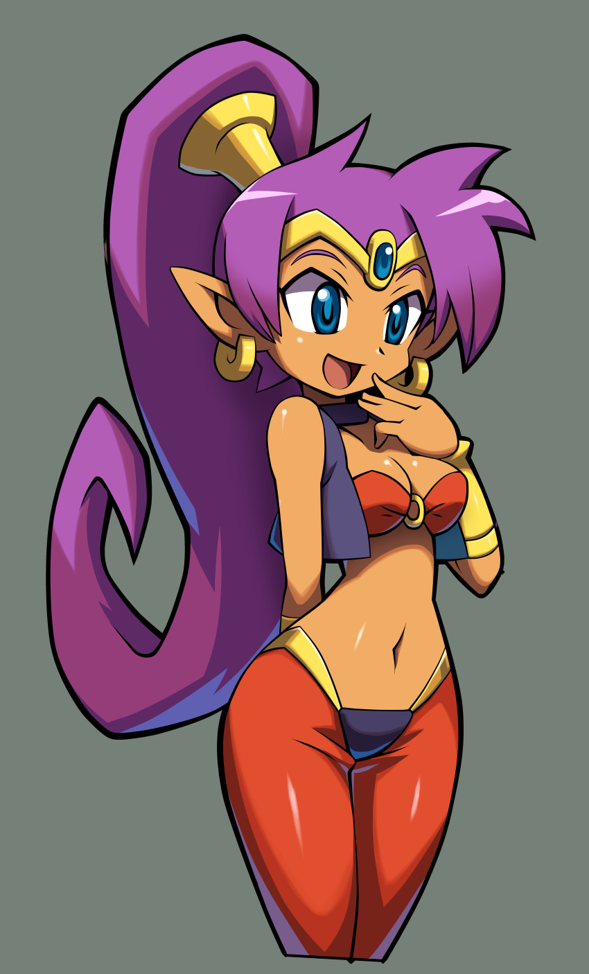 1girl absurdres arm_behind_back bandeau blue_eyes bracer breasts choker cleavage cowboy_shot cropped_legs dark_skin earrings forehead_jewel grey_background hair_tubes highres hoop_earrings jewelry long_hair makoto_yabe midriff navel official_art pointy_ears ponytail purple_hair shantae shantae_(character) shantae_and_the_pirate's_curse simple_background smile solo tiara very_long_hair vest