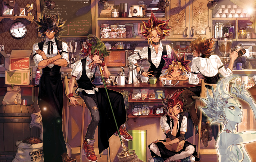 6+boys apron blonde_hair cafe chin_rest coffee coffee_beans coffee_pot crossed_arms high_chair indian_style multicolored_hair multiple_boys mutou_yuugi pigeon666 sitting spiky_hair spirit yami_yuugi yuu-gi-ou yuu-gi-ou_5d's yuu-gi-ou_arc-v yuu-gi-ou_duel_monsters yuu-gi-ou_gx yuu-gi-ou_zexal