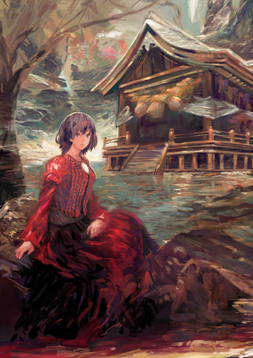 1girl adapted_costume alternate_costume commentary_request ground hand_on_lap highres long_skirt long_sleeves looking_afar mirror moriya_shrine mountain no_headwear onion_(onion_and_pi-natto) purple_hair red_shirt red_skirt shirt short_hair sitting skirt solo stairs touhou tree violet_eyes yasaka_kanako