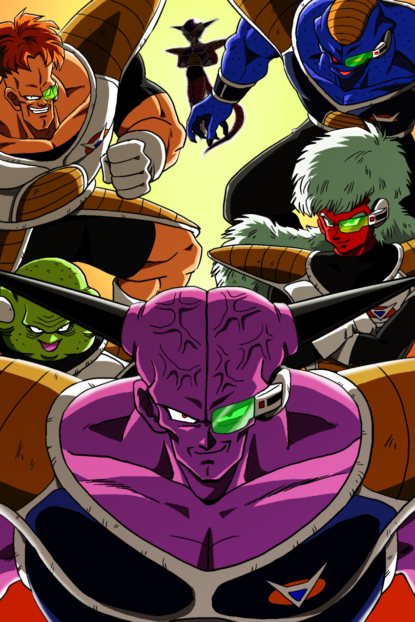 &gt;:) &gt;:d 6+boys :d armor blue_skin body_armor brown_hair burter captain_ginyu clenched_hand dragon_ball dragon_ball_z frieza ginyu_force gloves green_eyes green_skin grin guldo highres iron_tonic jeice long_hair looking_at_viewer male_focus multiple_boys muscle open_mouth purple_skin recoome red_eyes red_skin scouter smile spikes tail teeth veins white_hair