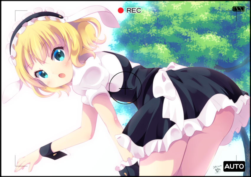 1girl aosora_neko bent_over blonde_hair blue_eyes blush gochuumon_wa_usagi_desu_ka? kirima_sharo looking_at_viewer open_mouth short_hair solo viewfinder waitress wrist_cuffs