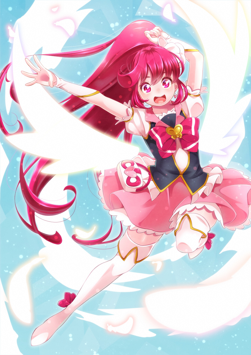 1girl :d absurdres aino_megumi blue_background boots bow brooch cure_lovely full_body happinesscharge_precure! happy highres jewelry long_hair magical_girl open_mouth pink_bow pink_eyes pink_hair pink_skirt ponytail precure skirt smile solo thigh-highs thigh_boots white_boots wings wrist_cuffs yupiteru