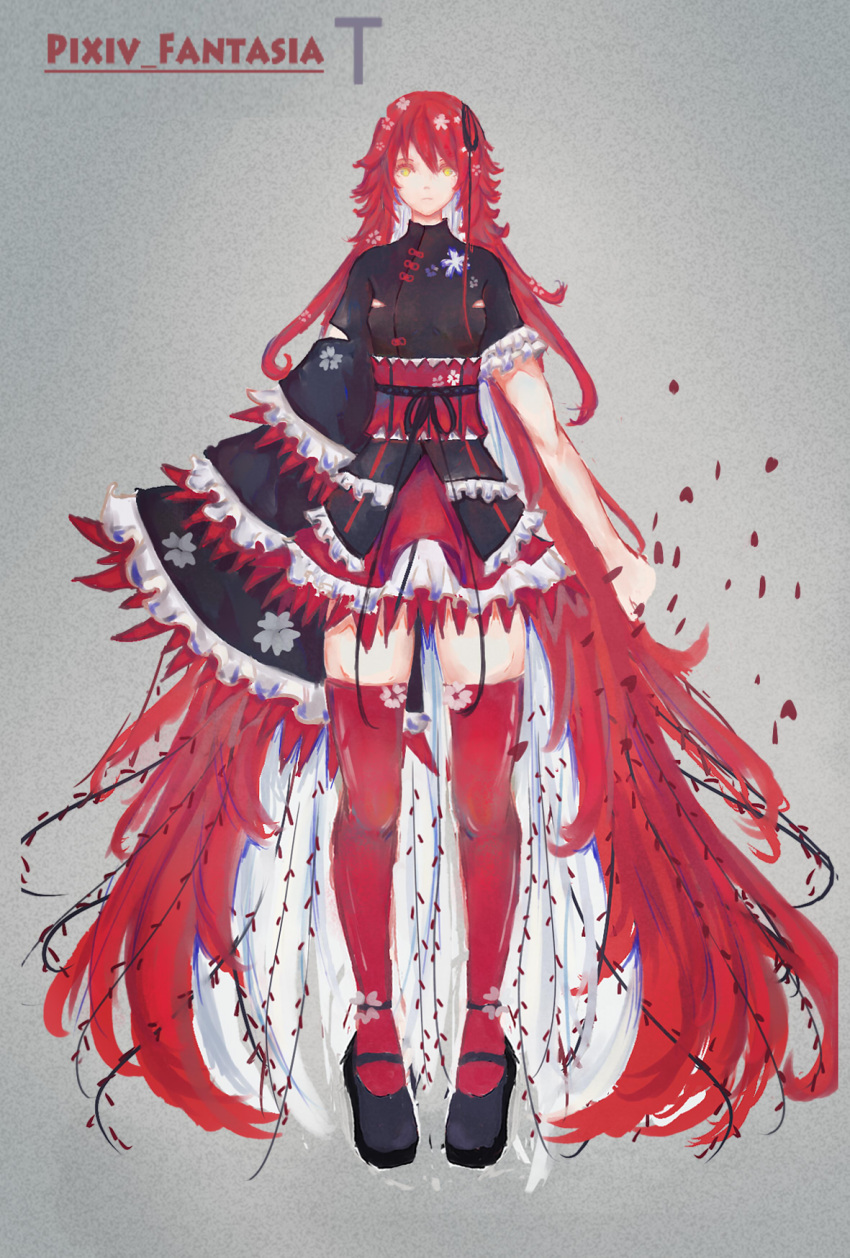 1girl absurdly_long_hair asymmetrical_sleeves cherry_blossoms china_dress chinese_clothes comb_(suz) dress facing_viewer female floral_print frilled_dress frills full_body grey_background hair_ribbon highres layered_dress long_hair mary_janes obi original petals pixiv_fantasia pixiv_fantasia_t red_legwear redhead ribbon sash shoe_flower shoe_strap shoes solo thigh-highs very_long_hair willow yellow_eyes zettai_ryouiki