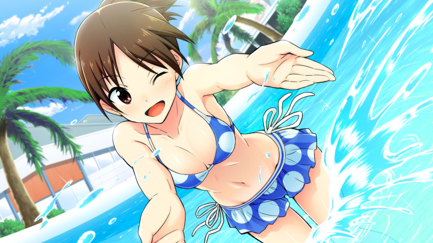 ;d breasts brown_hair cleavage game_cg go!_go!_nippon!_~my_first_trip_to_japan~ highres misaki_akira official_art one_eye_closed open_mouth palm_tree ponytail pool short_hair smile splashing swimsuit tree two_piece water winking